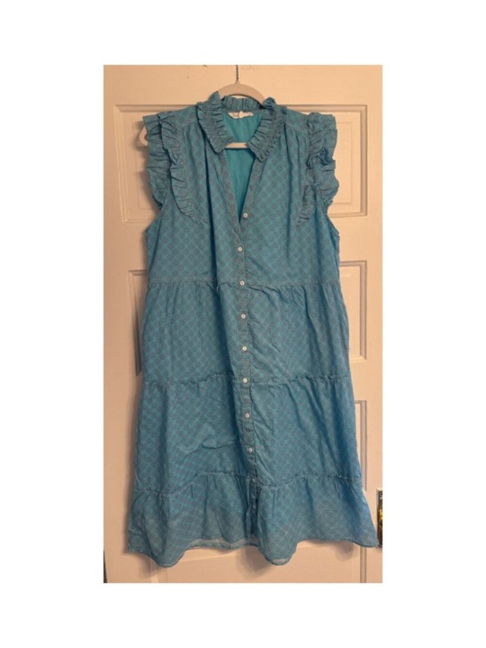 Melissa Nepton. Blue Pattern Ruffle Tiered Sleeveless Dress. Size L.